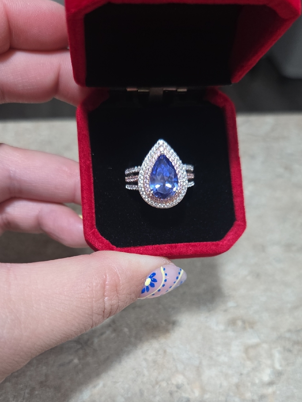 Pear-Shaped Blue Halo Ring in Silver Tone - Women Jewelry